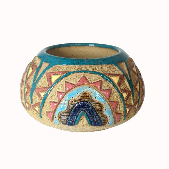 Vintage Studio Art Etched Pottery Short Vase Bojo Rainbows SIgned BW - Picture 1 of 6